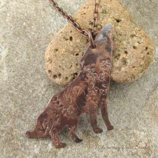 Handcrafted Copper Embossed Wolf with Flowers Necklace