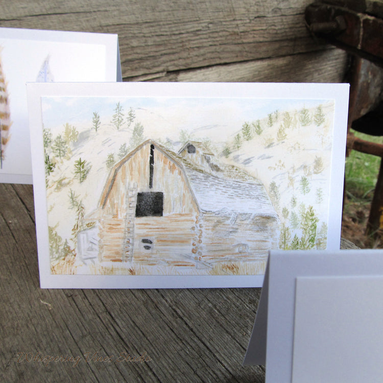 Feather and Barn Series - Set of Three Artisan Watercolor Notecards (4x6)