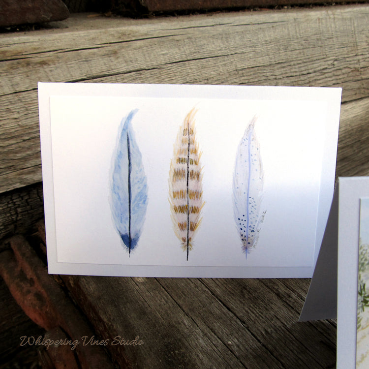 Feather and Barn Series - Set of Three Artisan Watercolor Notecards (4x6)