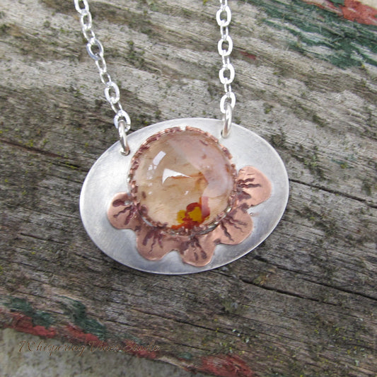 Handmade Fire Quartz Gemstone Necklace with Copper Flower Petal Accents and Sterling Silver Pendant
