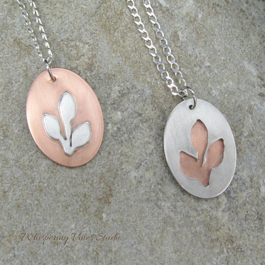 Artisan Handmade Flower Silhouette Cut Out Necklace Pair in Sterling Silver and Copper