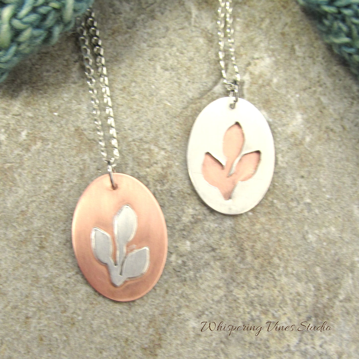 Artisan Handmade Flower Silhouette Cut Out Necklace Pair in Sterling Silver and Copper