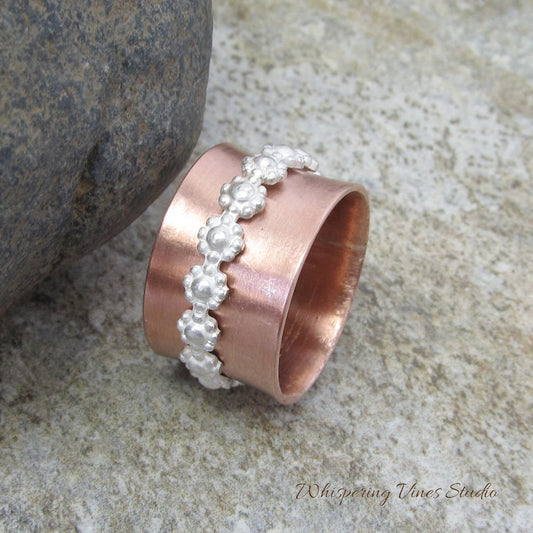 Handcrafted Sterling Silver Floral Spinner Ring with Uncoated Copper Band