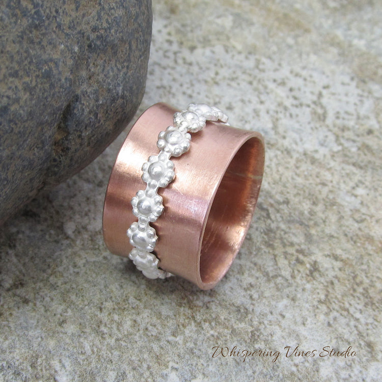 Handcrafted Sterling Silver Floral Spinner Ring with Uncoated Copper Band