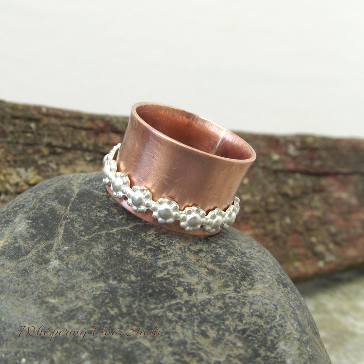 Handcrafted Sterling Silver Floral Spinner Ring with Uncoated Copper Band