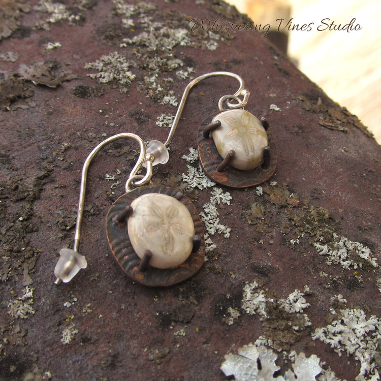 Handcrafted Fossil Stone Earrings with Copper Setting and Sterling Silver Ear Wire
