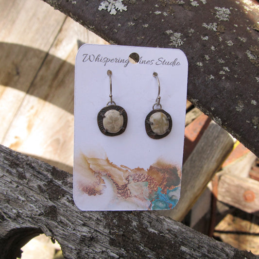 Handcrafted Fossil Stone Earrings with Copper Setting and Sterling Silver Ear Wire