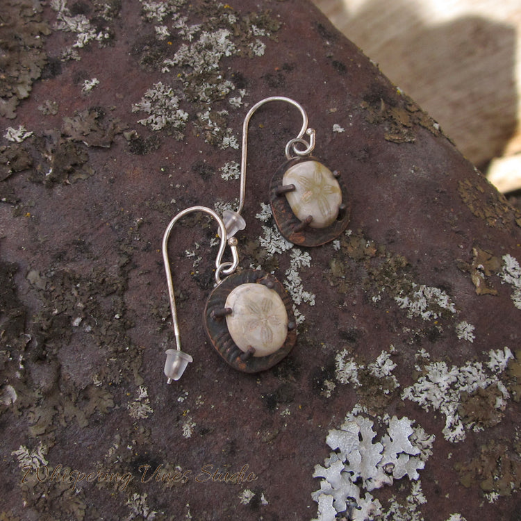 Handcrafted Fossil Stone Earrings with Copper Setting and Sterling Silver Ear Wire