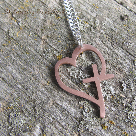 Handcrafted Heart Encased Copper Cross Necklace on Sterling Silver Chain