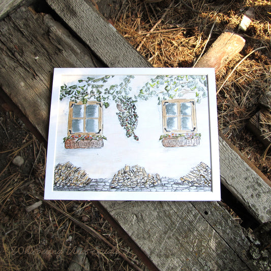 Original Watercolor Print, 8x10 Italian Porch with Woodpile - Mat Frame Included