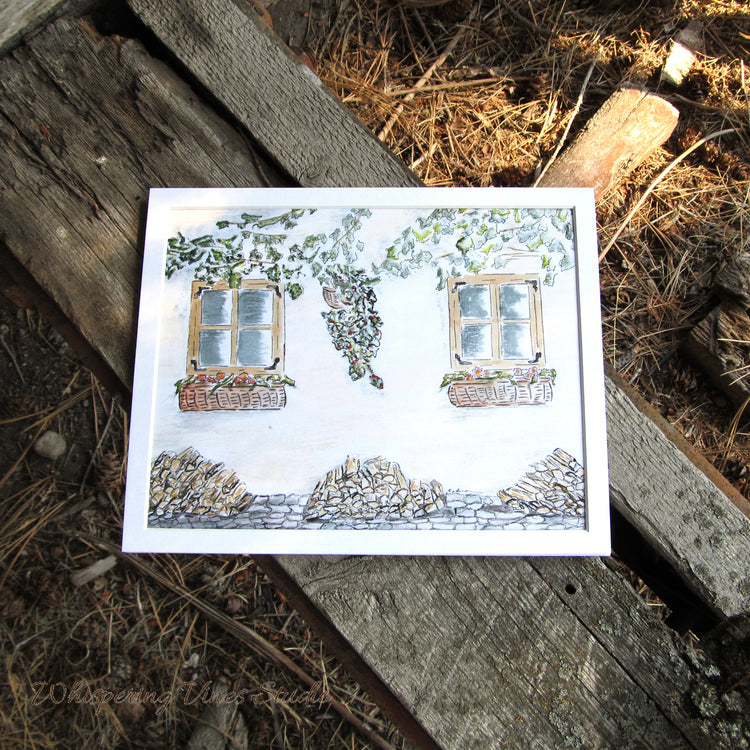 Original Watercolor Print, 8x10 Italian Porch with Woodpile - Mat Frame Included