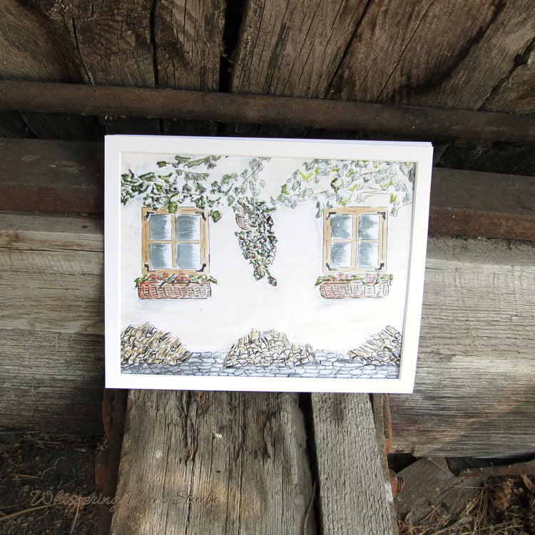 Original Watercolor Print, 8x10 Italian Porch with Woodpile - Mat Frame Included