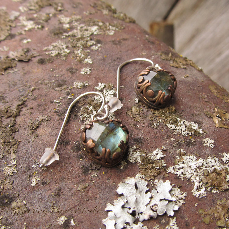 Fairytale Heart Shaped Labradorite Handmade Bezel Set Earrings