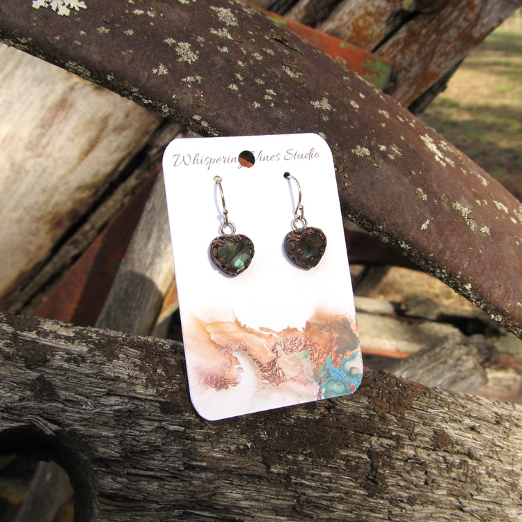 Fairytale Heart Shaped Labradorite Handmade Bezel Set Earrings