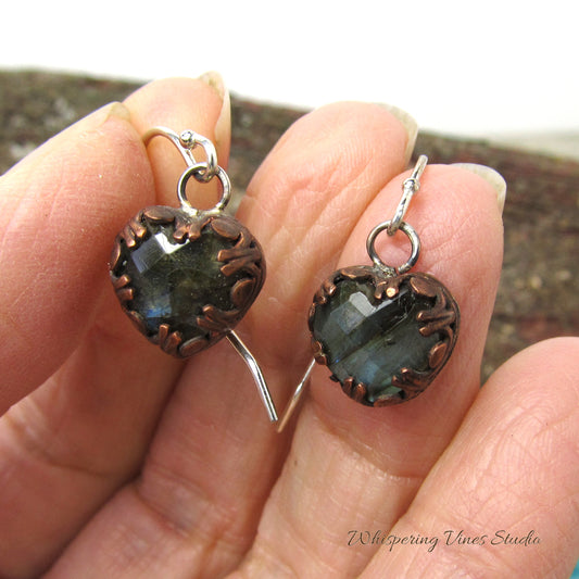 Fairytale Heart Shaped Labradorite Handmade Bezel Set Earrings