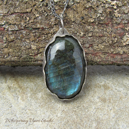 One-of-a-Kind Labradorite Gemstone Pendant with Sterling Silver Mountain Bezel