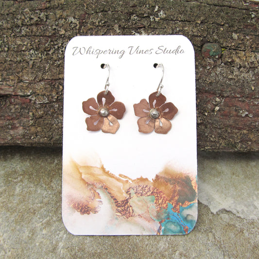 Handmade Copper Lenten Rose Earrings with Sterling Silver Accents