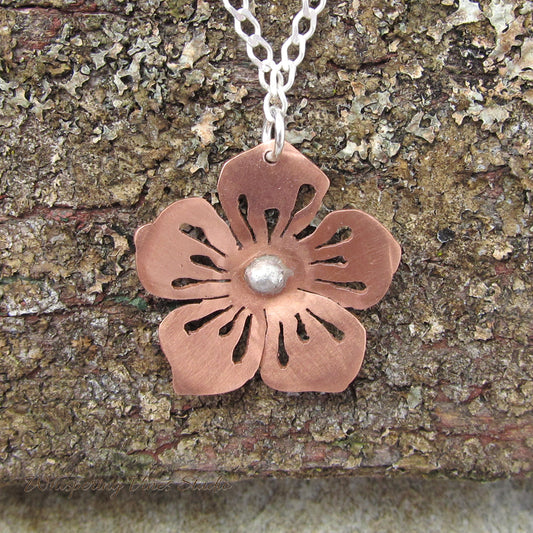 Handmade Copper Lenten Rose Necklace with Sterling Silver Detailing