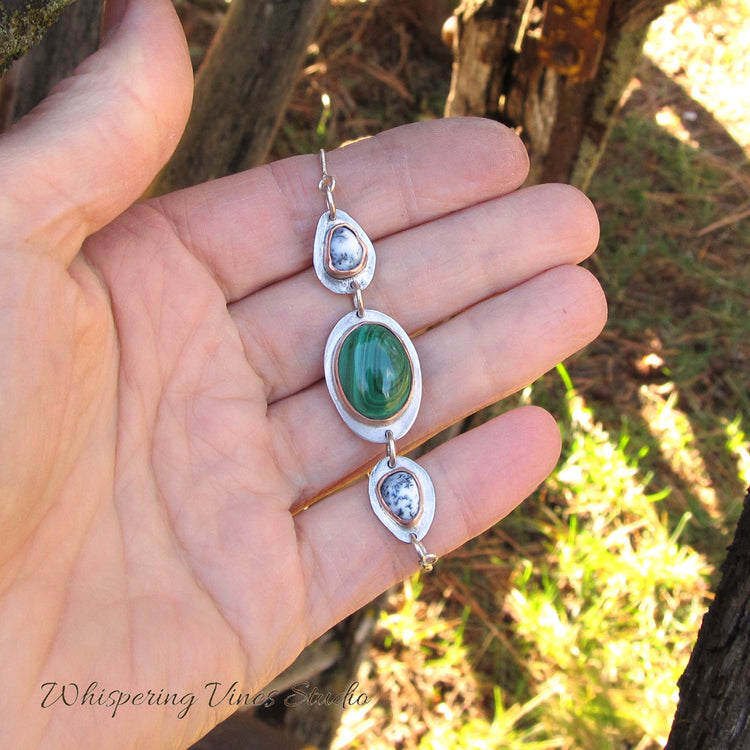 Handcrafted Malachite & Dendritic Opal Adjustable Sterling Silver Bracelet with Copper Bezel Setting