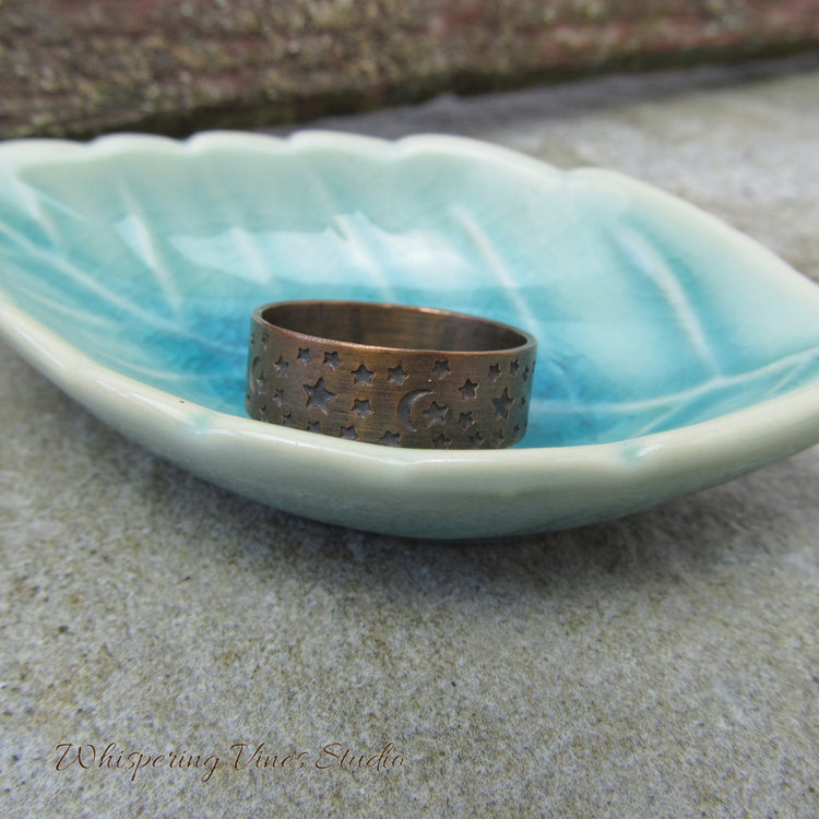 Handcrafted Copper Band Size 9 Moon and Stars Ring