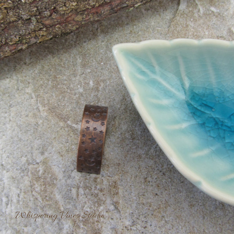 Handcrafted Copper Band Size 9 Moon and Stars Ring