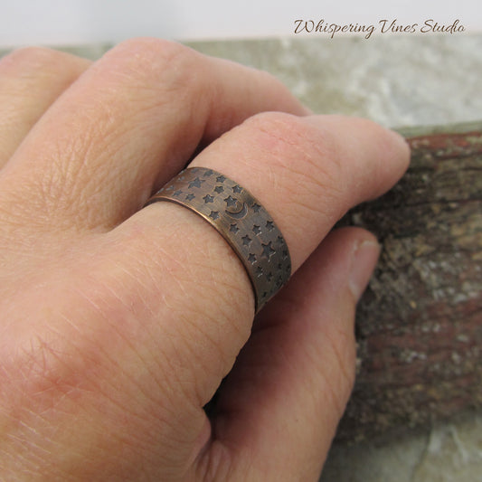 Handcrafted Copper Band Size 9 Moon and Stars Ring