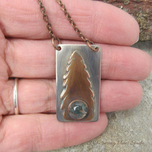 Handcrafted Moss Agate Tree Necklace with 20" Copper Chain