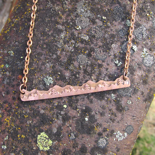 Mountain Bar Necklace Featuring Mountain and Tree Detailing, 2 1/4" Long