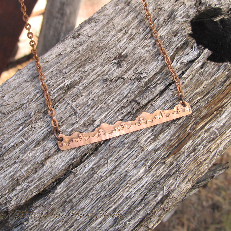 Mountain Bar Necklace Featuring Mountain and Tree Detailing, 2 1/4" Long