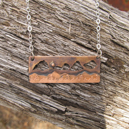 Enchanting Copper Mountain Cutout Bar Necklace with Sterling Silver Chain, One of a Kind