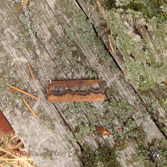 Enchanting Copper Mountain Cutout Bar Necklace with Sterling Silver Chain, One of a Kind
