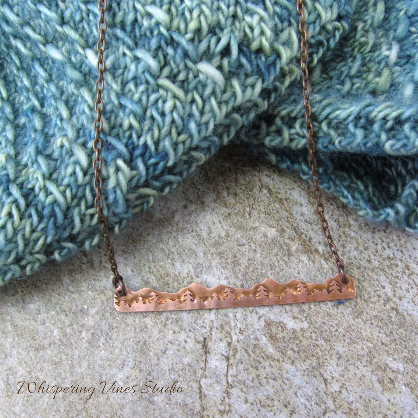 Mountain Bar Necklace Featuring Mountain and Tree Detailing, 2 1/4" Long