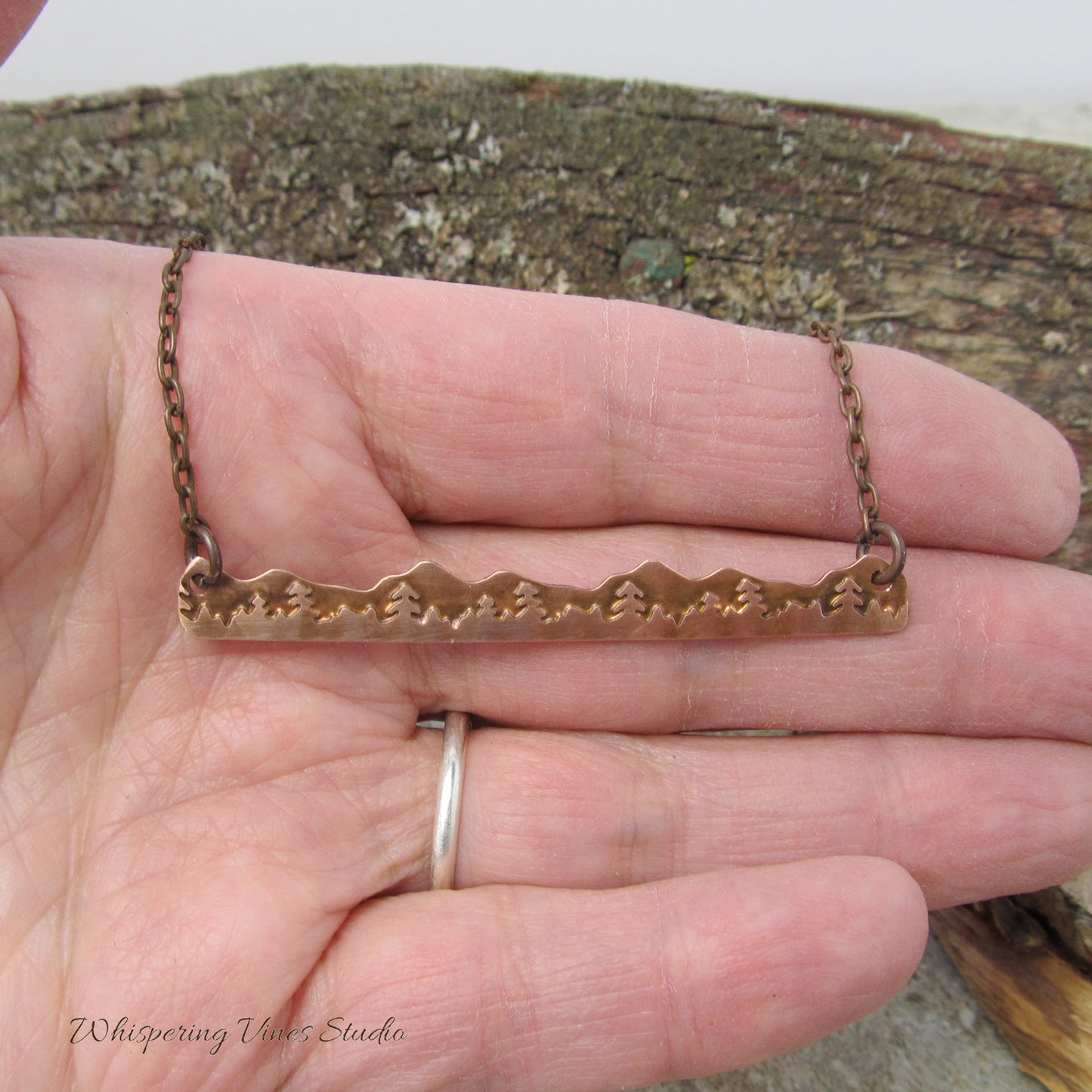 Mountain Bar Necklace Featuring Mountain and Tree Detailing, 2 1/4" Long
