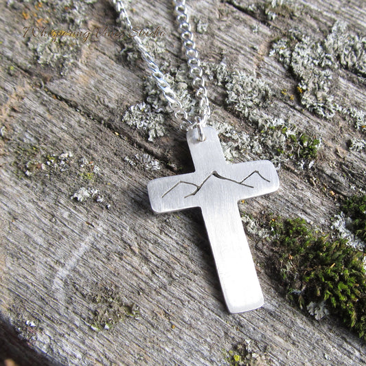 Handcrafted Mountain Range Sterling Silver Cross Necklace