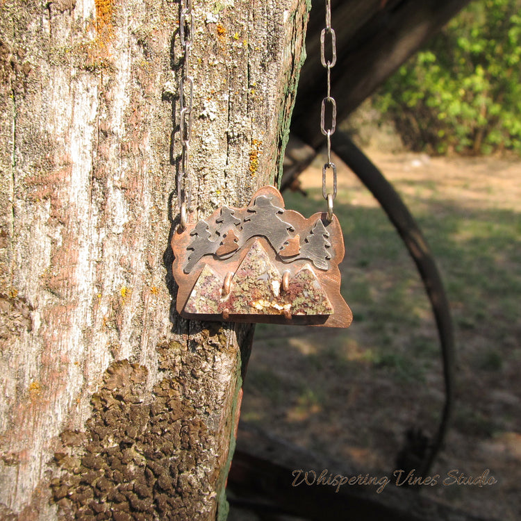 Mountains and Trees Hand-cut Necklace with Copper Mountains, Sterling Silver Trees, and Agate Gemstone