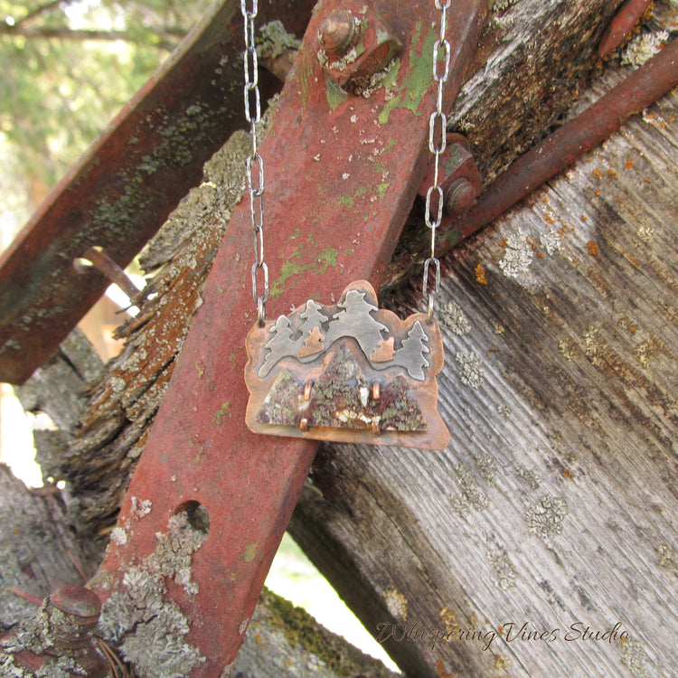 Mountains and Trees Hand-cut Necklace with Copper Mountains, Sterling Silver Trees, and Agate Gemstone