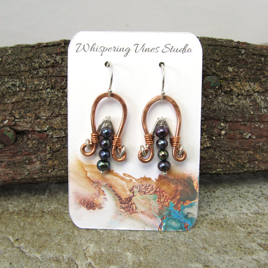 Handcrafted Mixed Metal Earrings with Iridescent Peacock Pearls