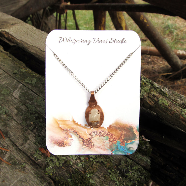 Quartz in Handcrafted Copper Setting Necklace - Dainty Pendant on Sterling Silver Chain