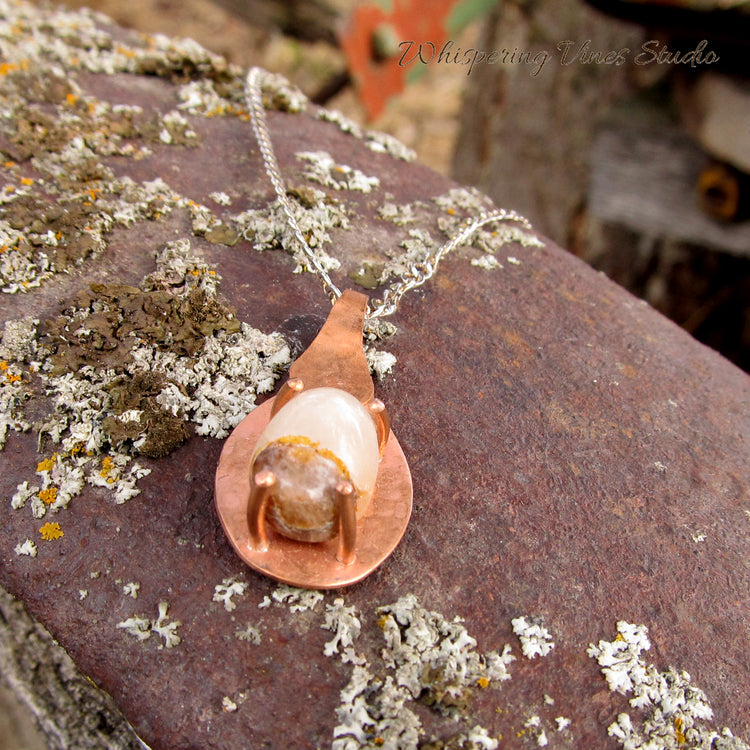 Quartz in Handcrafted Copper Setting Necklace - Dainty Pendant on Sterling Silver Chain