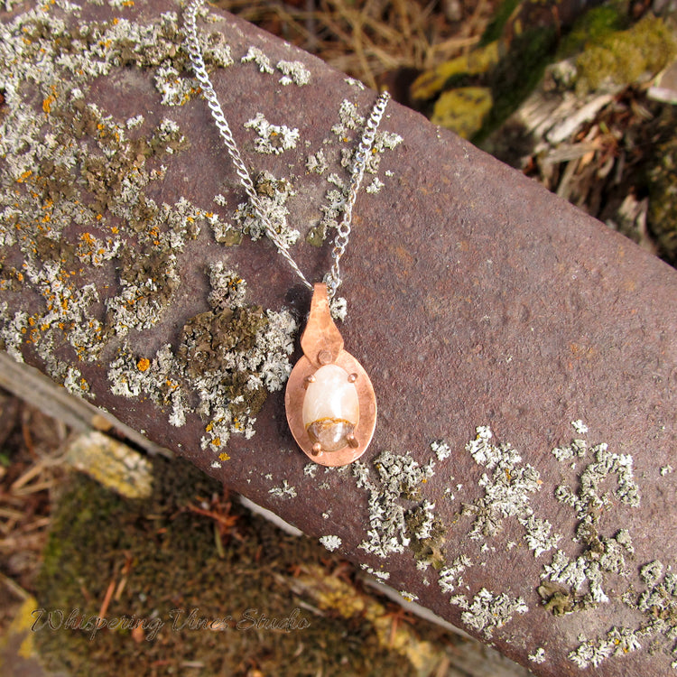 Quartz in Handcrafted Copper Setting Necklace - Dainty Pendant on Sterling Silver Chain