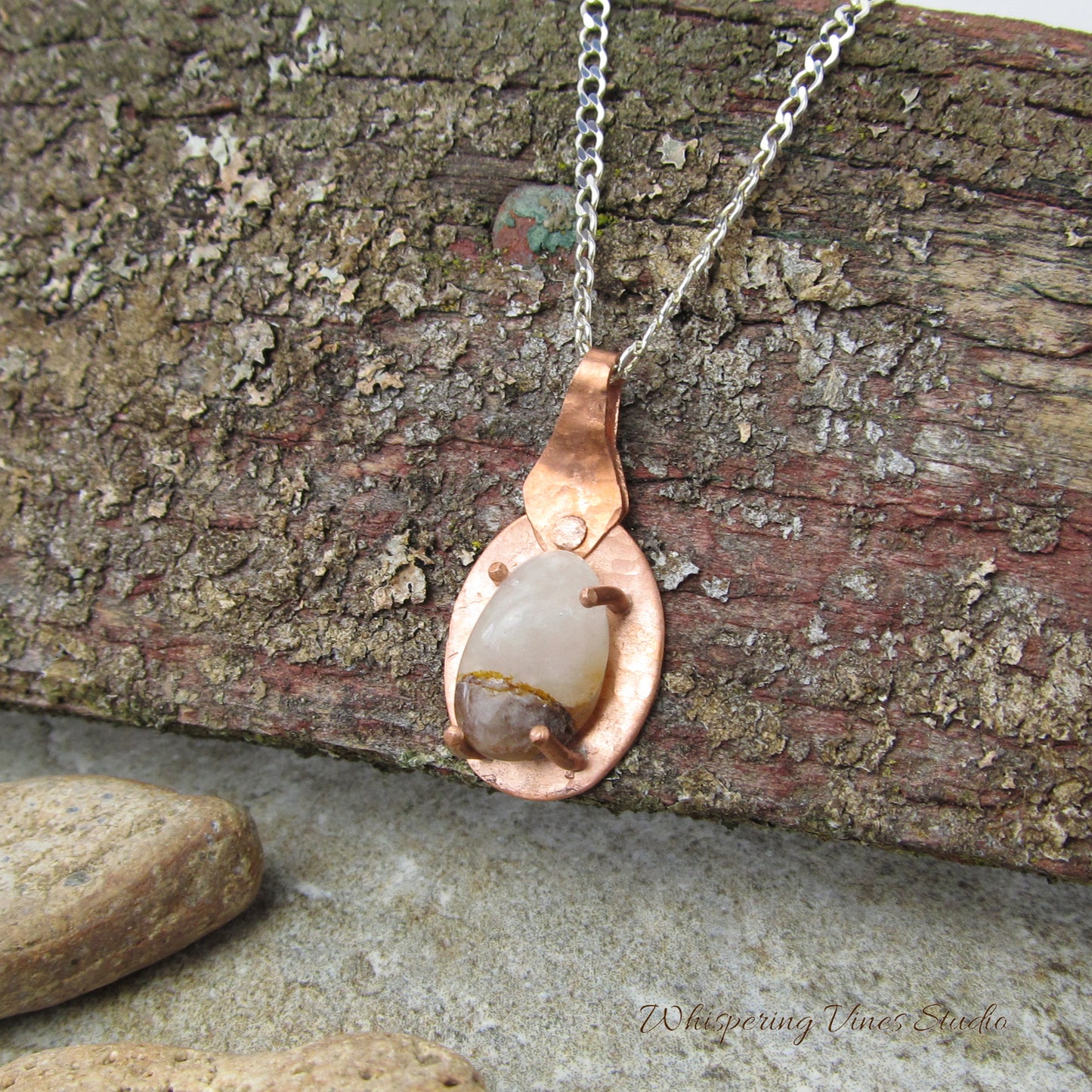 Quartz in Handcrafted Copper Setting Necklace - Dainty Pendant on Sterling Silver Chain