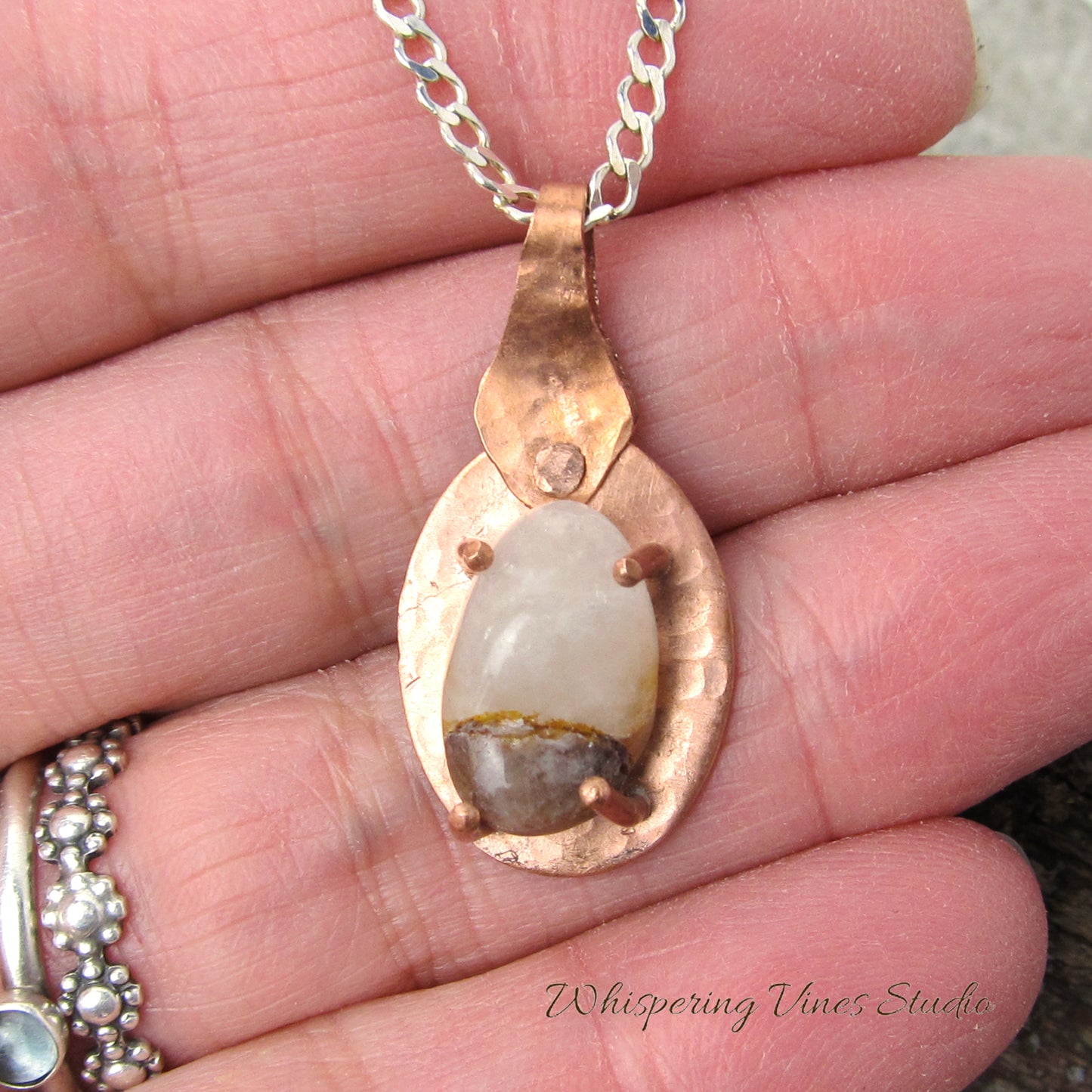 Quartz in Handcrafted Copper Setting Necklace - Dainty Pendant on Sterling Silver Chain