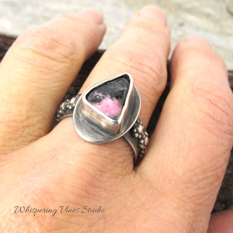 Handcrafted Rhodonite Sterling Silver Ring with Flower Accents, Size 8