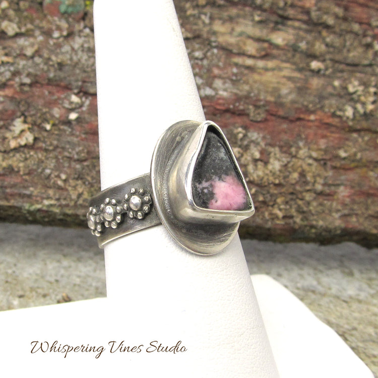 Handcrafted Rhodonite Sterling Silver Ring with Flower Accents, Size 8