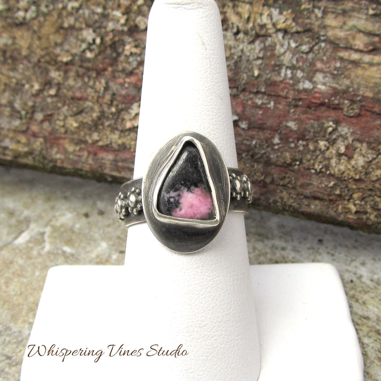 Handcrafted Rhodonite Sterling Silver Ring with Flower Accents, Size 8