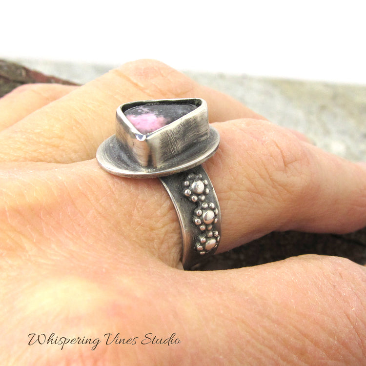 Handcrafted Rhodonite Sterling Silver Ring with Flower Accents, Size 8