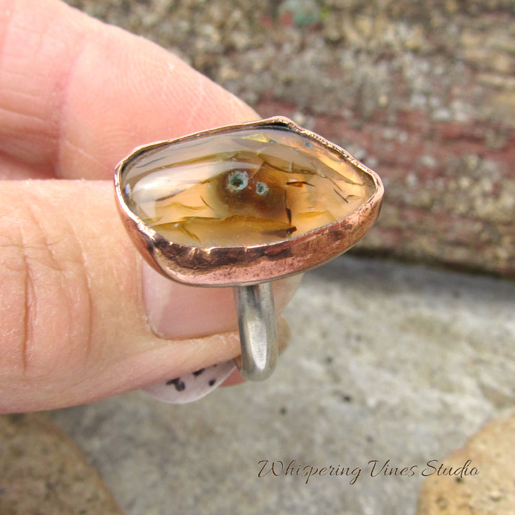 Handcrafted Montana Agate Abstract Shaped Ring, Size 7.5 with Sterling Silver Band