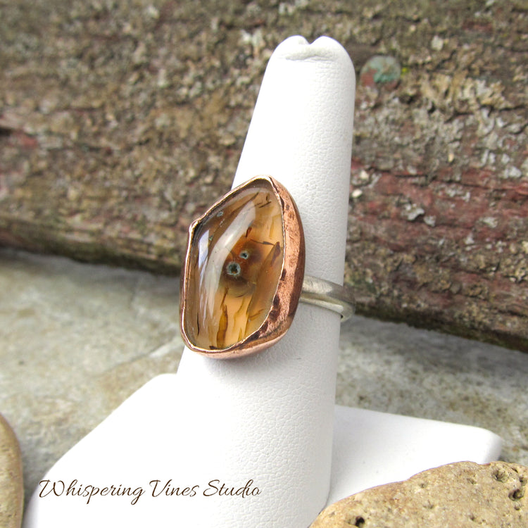 Handcrafted Montana Agate Abstract Shaped Ring, Size 7.5 with Sterling Silver Band