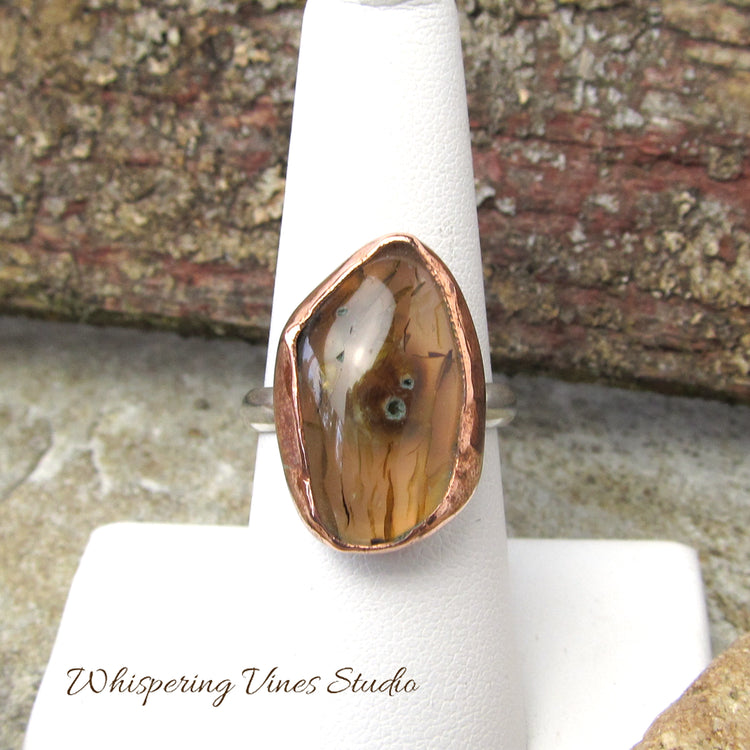 Handcrafted Montana Agate Abstract Shaped Ring, Size 7.5 with Sterling Silver Band