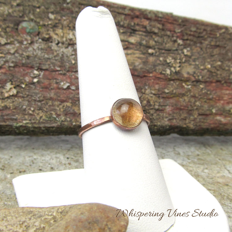 Artisan Rutilated Copper in Quartz Ring with Hammered Thin Band – Size 8.5